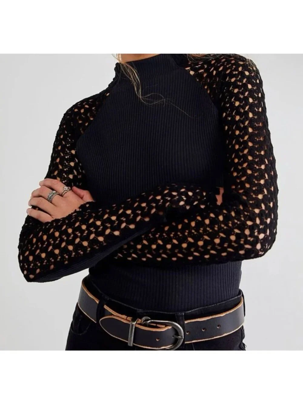 Free People Clemente Top Navy Blue Ribbed Bodice Black Lace Long Sleeve XL Shirt